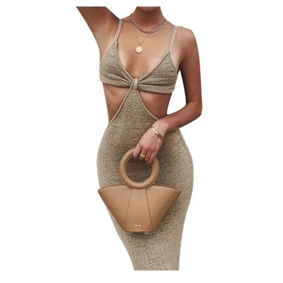 Beige Botany Bohemian Knit Coastal Bodycon Cut Out Y2K Indie Sleeze Maxi… - Picture 2 of 8